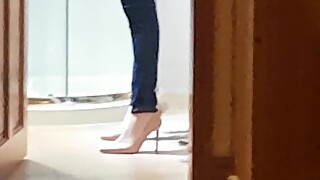 Candid of wife getting ready wearing heels I cummed in minutes before.